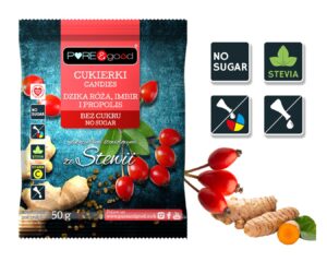 Cukierki z dziką różą, imbirem i propolisem ze stewią bez dodatku cukru 50 g - Pure&Good